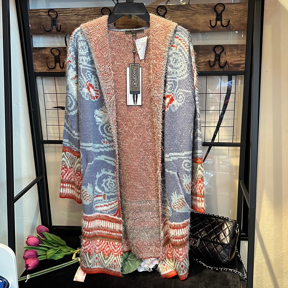 MAXSPORT Hooded Long Open Cardigan Sweater Multicolor NWT Womens Sz Small